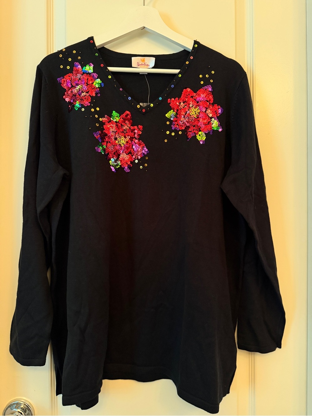 Quacker Factory Black V-Neck Sweater with Multicolor Sequin Floral Appliqués